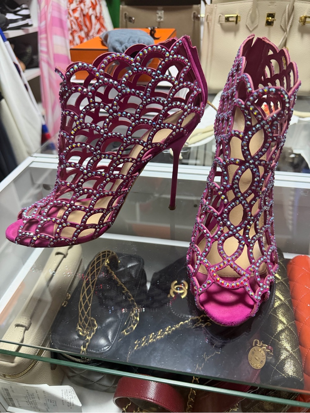 Sergio Rossi Fuchsia Crystal Cage Stiletto Booties